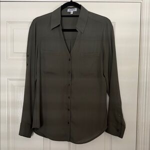 Express Olive Button-Front Collared Blouse